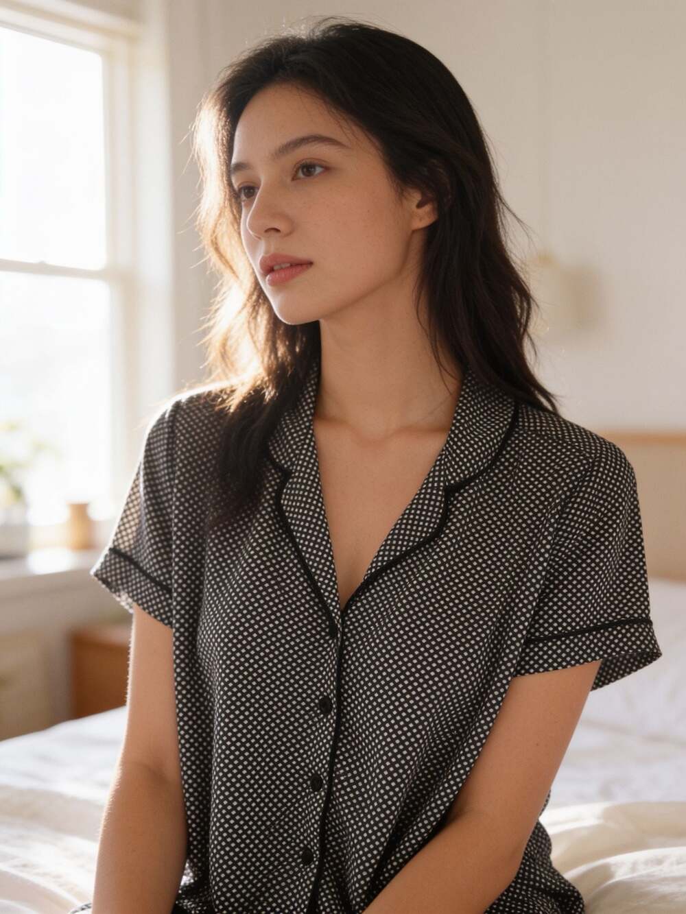 Cariloha Bamboo Black and White Geo Print Button-Down Pajama Top Size L